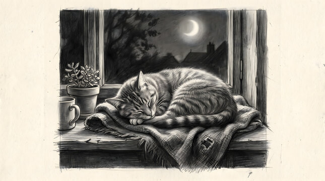 A serene cat sleeps on a blanket by a moonlit window with a plant.
