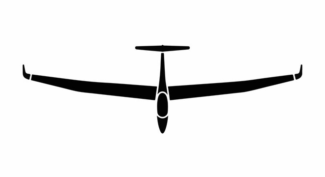 Top-down view of a black silhouette of a glider airplane on a white background