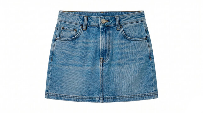 Classic blue denim mini skirt with front pockets, belt loops, and a button closure, isolated on a clean white background for fashion mockups.