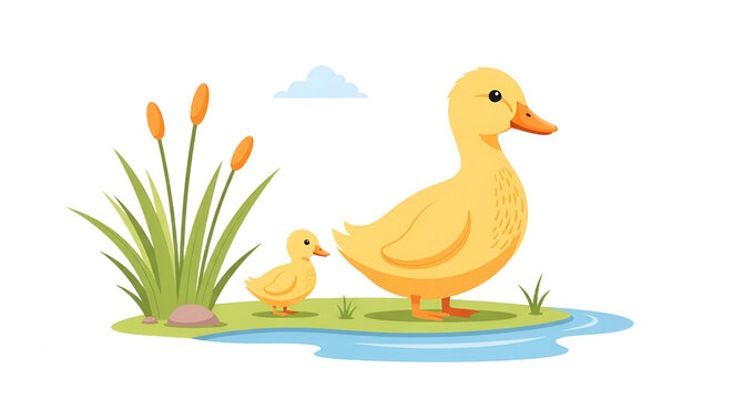 Cute yellow mother duck and baby duckling by a pond with reeds vector illustration