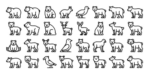 Fototapeta premium Animals in Various Poses and Styles in a Collection of Line Art Illustrations Featuring Bears, Deer, Birds with Wildlife and Nature Elements