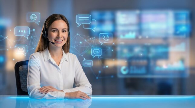 Confident female operator with headset sitting at office desk, copy space