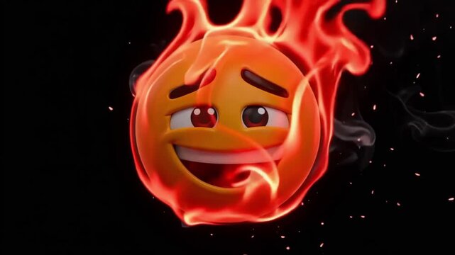 Burning orange emoji face with glowing red flames swirling around in a dark background capturing a dynamic motion animation video clip showing intense heat and vibrant energy through a high quality th