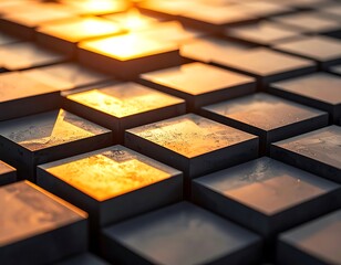 Fototapeta premium Golden cubes in grid pattern closeup.