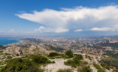 Obraz premium Wide Marseille panorama, from Marseilleveyre, Provence, under dramatic clouds
