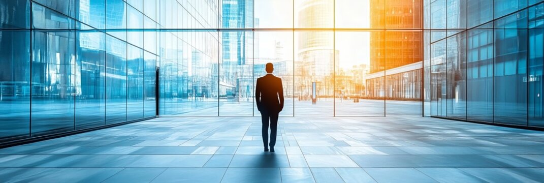 Businessman in a modern glass office building standing alone and looking at city urban architecture.