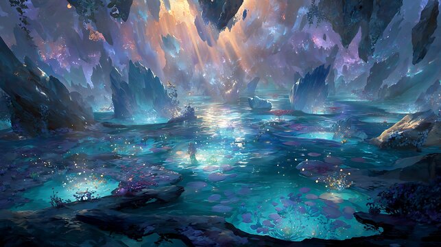 Ethereal luminescent fantasy cavern featuring glowing aquatic plants and floating rock formations under a radiant celestial light source above water