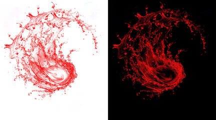 Red liquid splash in circular motion, dynamic water swirl on white and black background, crimson fluid explosion with droplets and spray © Ali