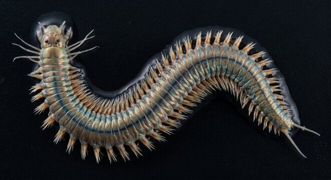 Dorsal view of iridescent polychaete bristle worm crawling on wet dark substrate