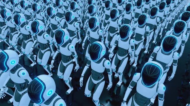 Endless 3d animation loop of a futuristic humanoid robot army walking together. Concept of mass automation, artificial intelligence taking over and technology workforce in a sci-fi cyber world.