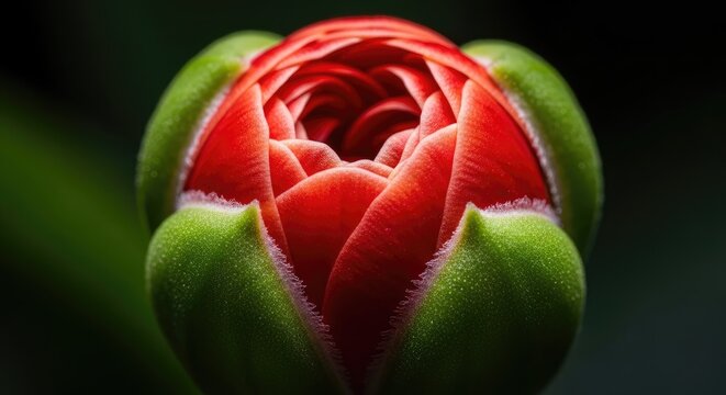 Close up of a vibrant red flower bud with green sepals against a dark background