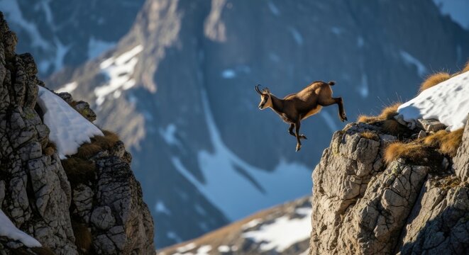 A wild chamois jumping across a steep mountain rock gap