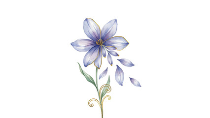 Obraz premium Watercolor purple flower with gold outline and falling petals isolated on a transparent background