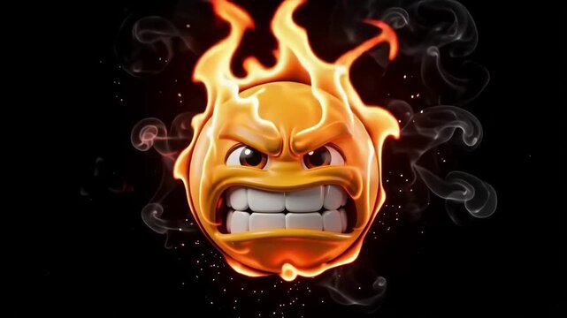 Angry yellow emoji burning with bright orange flames and swirling dark smoke in this intense 3D rendered animation footage featuring a dramatic facial expression of pure rage against a solid black bac