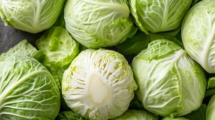 Fototapeta premium Organic Green Cabbages Pile Macro Photography Showcasing Textured Layers and Culinary Fresh Produce.