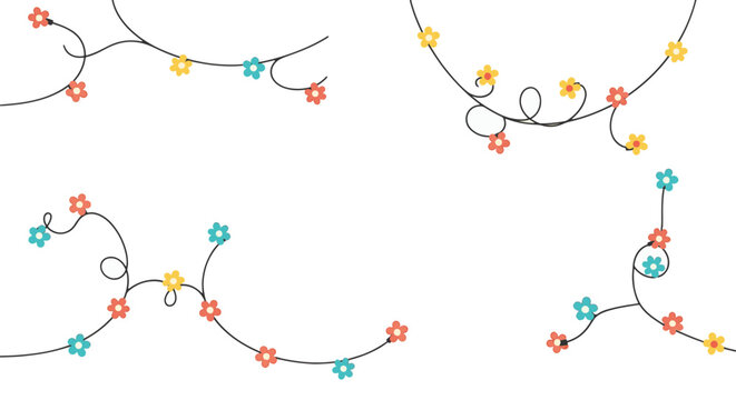 Minimalist vector illustration of thin black curly wire strings adorned with small colorful flat flowers in red, yellow, and cyan on a plain white background for graphic design.