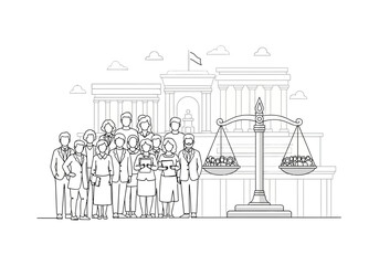 Obraz premium Vector line art illustration of a diverse group of professional people standing in front of a courthouse building next to a large scale of justice with small human figures inside.