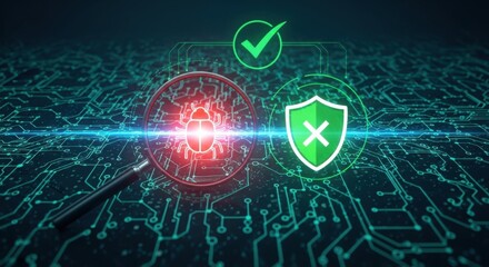 Fototapeta premium Digital magnifying glass scanning for malware with security shield and checkmarks