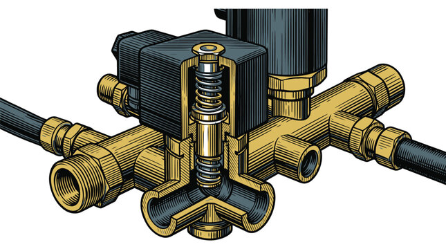 Industrial valve manifold vector illustration with mechanical spring actuator.