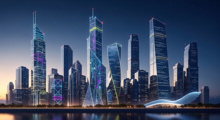 Naklejka premium Futuristic city skyline with modern skyscrapers illuminated at night by lights