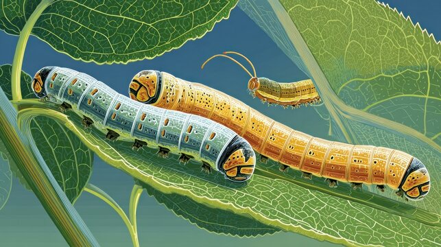 Multiple insect larvae crawl across vibrant green foliage against a deep blue sky background