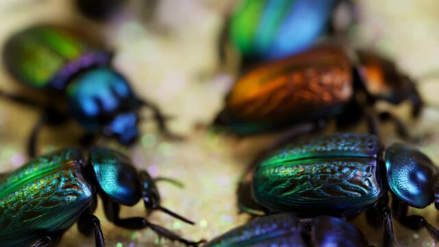 Close-up of vibrant beetles crawling on a shimmering surface. Showcasing the beauty of nature and the intricate details of insect life