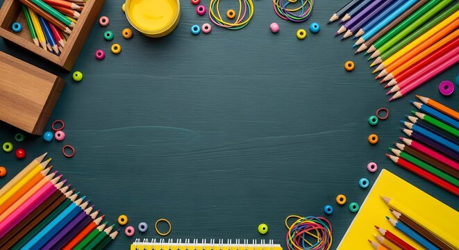 School supplies frame on a dark wooden background