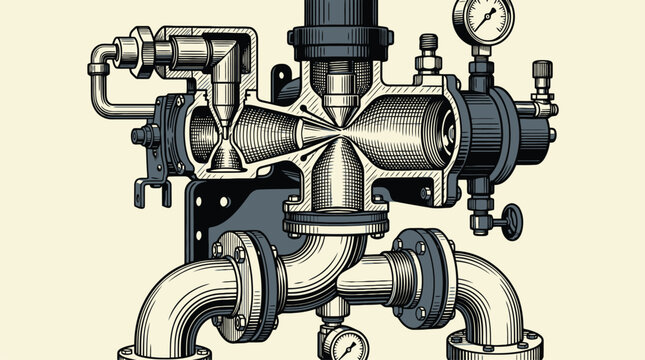 Retro mechanical engine vector illustration with pipes valves gauges.