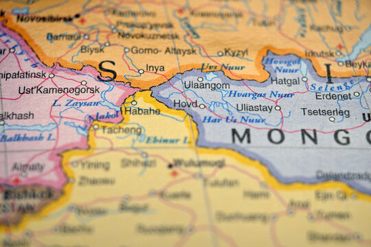 Ulaangom (Uvs, Mongolia) on World Map &ndash; Soft Focus Atlas Background Geography View