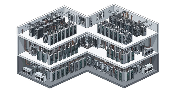 Isometric visualization of multi-level data center facility with server racks and industrial cooling for cloud computing