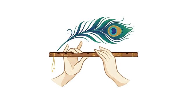 Elegant artistic illustration featuring a pair of divine hands gracefully holding a traditional wooden bansuri flute with an intricate ornate design alongside a vibrant peacock feather