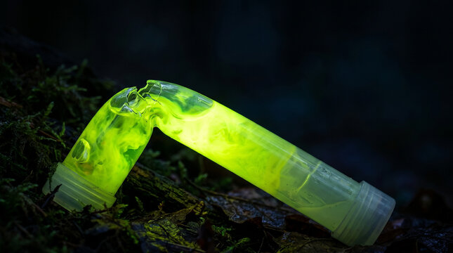 Glow stick in dark forest