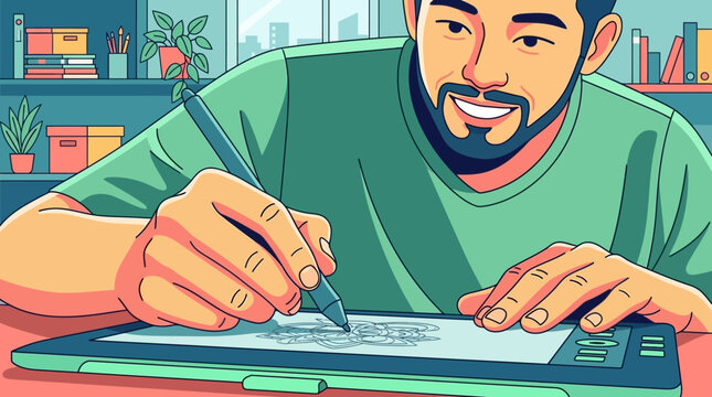bearded man drawing intricate mandala art on a digital tablet showcasing creative graphic design and illustration in a modern home office.