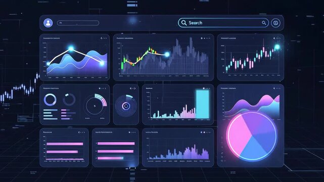 Futuristic dashboard of glowing financial charts in sleek digital style on dark background, concept of analytics and data