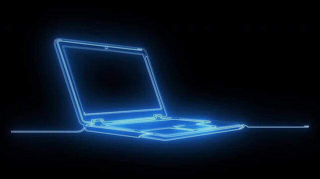 Digital Laptop hologram rotating with neon blue lines on black background cinematic motion