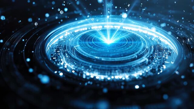 Holographic circular interface with concentric rings and visible microchip elements in the foreground, blurred circuitry and floating particles background concept of futuristic data hub atmosphere