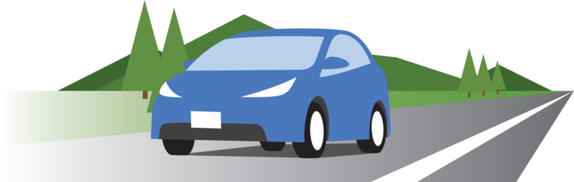 山の見える田舎道を自動車でドライブするイラスト
