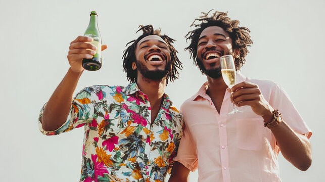 Two happy men toasting with drinks, celebrating outdoors with laughter.