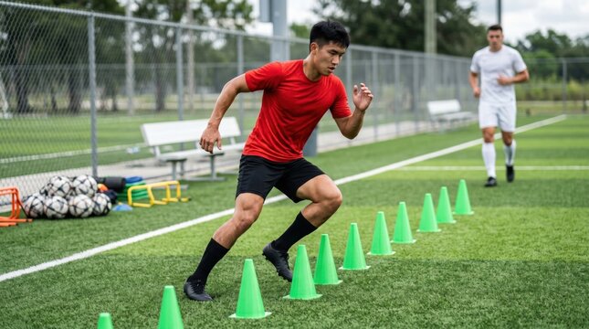 Asian soccer player performing agility drill with cones on field. Football athlete training for speed and coordination. Professional sports team practice for endurance and fitness.
