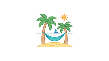 Obraz premium Tropical paradise island with palm trees, hammock, sailboat and sun