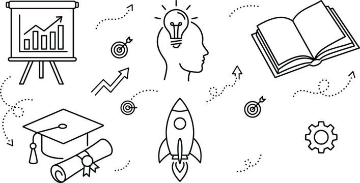Business startup and education line icon set with presentation chart lightbulb profile book graduation cap rocket diploma growth