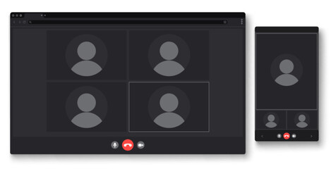 Video call interface mockup with conference screen layout, realistic vector background. Professional online meeting, laptop and mobile phone templates with chat windows and user profiles