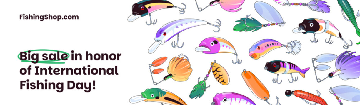 Advertising banner design of fishery tackle store with different fishing lures. Promotion template with accessories for angling rods and baits, plugs for catching fish. Flat vector illustration
