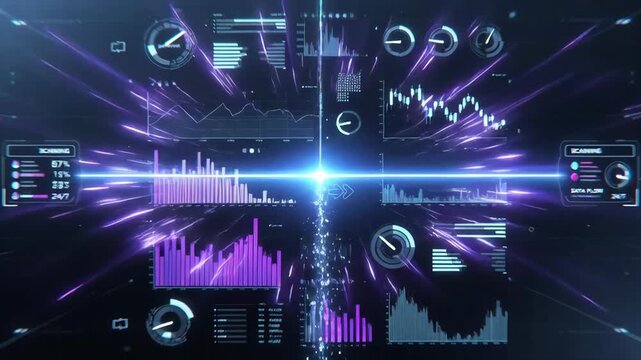 Futuristic data charts and gauges in a glowing holographic style on a dark background, concept of advanced digital technology