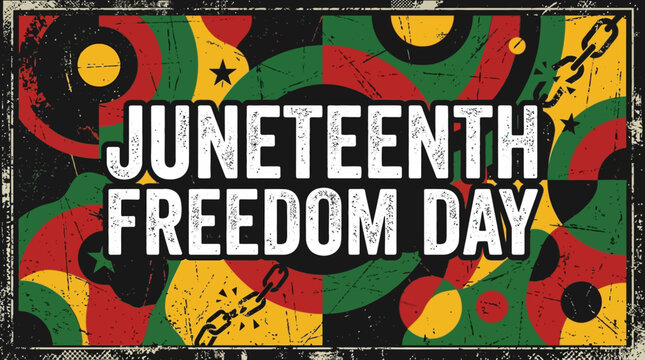 juneteenth freedom day graphic with vibrant pan-african colors and broken chains celebrating african american freedom and liberation.