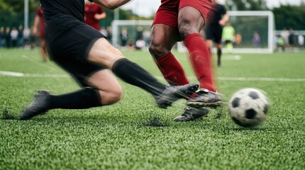 Obraz premium Soccer players in a competitive tackle on the field. African American man and caucasian man playing a match. Dynamic action shot of sport, athletic movement, ball possession and competition.