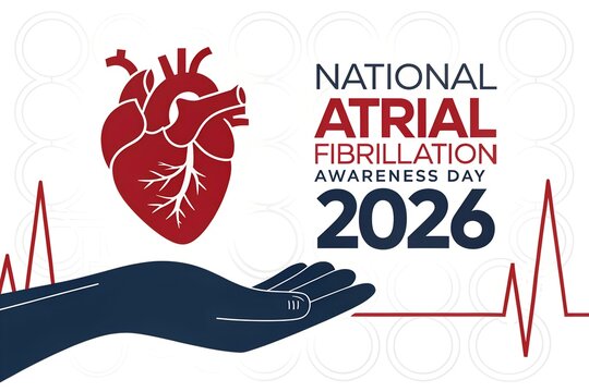 Red human heart icon hovering above a dark blue open hand illustration for national atrial fibrillation awareness day twenty twenty six with a vibrant medical background and pulse line graphic.