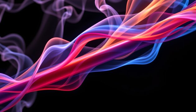 The image features vibrant, flowing wisps of colorful smoke or light set against a deep black background
