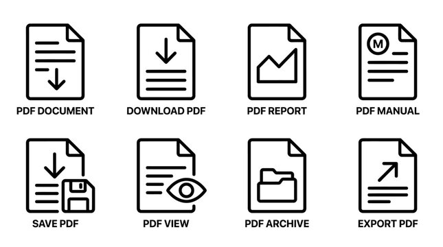pdf file icons for digital document management illustrating download save view export and archive functions for modern uiux.