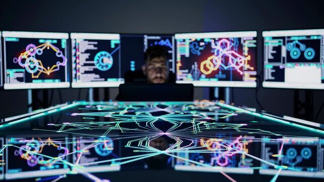 Multiple computer programmers working on computer codes displayed on monitors in a modern technological office, creating a visually striking and repetitive pattern.